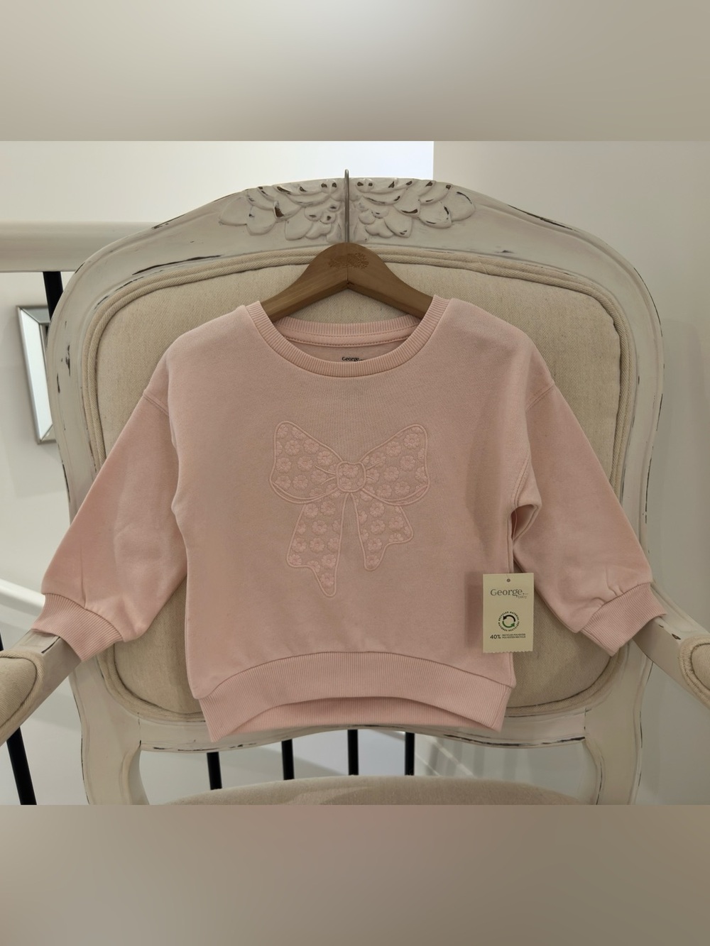 🩰 18~24 Mth Ballet Pink Embroidered Bow Baby Sweatshirt NWT